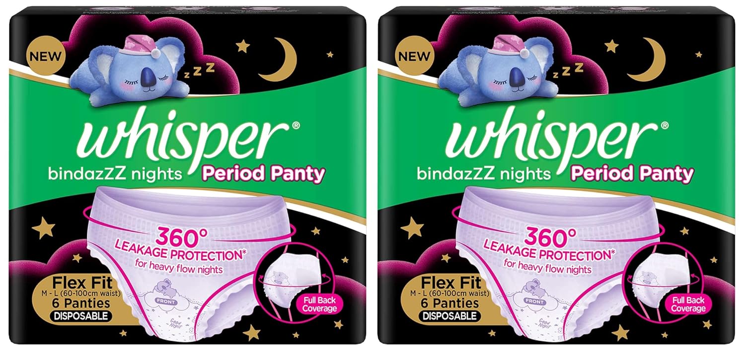 Whisper Bindazzz Night Period Panty|6 M-L Panties|Upto 0% Leaks|360 Degree Leakage Protection|Full Back Coverage|Suitable for Heavy Flow|Flex fit|Soft & Comfortable|with Disposable wrap (Pack of 2)