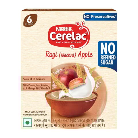 CERELAC Baby Food Cereal | No Refined Sugar | No Preservatives | Ragi (Nachni) Apple for 6 to 24 Months Baby | Omega 3 Iron Protein Calcium Vitamin D for Babies | Instant Cereal | 300g